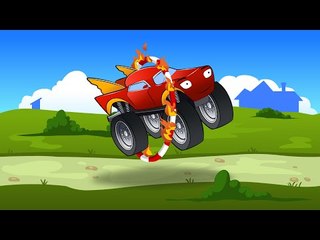 ✔ Monster Truck for children. Crazy Racing with bombs, trampolines and fire ring. Videos for Kids.