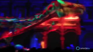 DRAGON PROJECTION with fire on house front in Italy