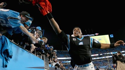 Cam Newton Falls While Grabbing Buccaneers Jersey from Fan