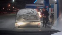 Woman puts fire to her Car while filling up with Gas in Russia