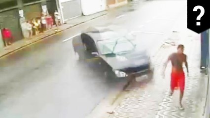 Out-of-control car almost crashes into lucky pedestrian