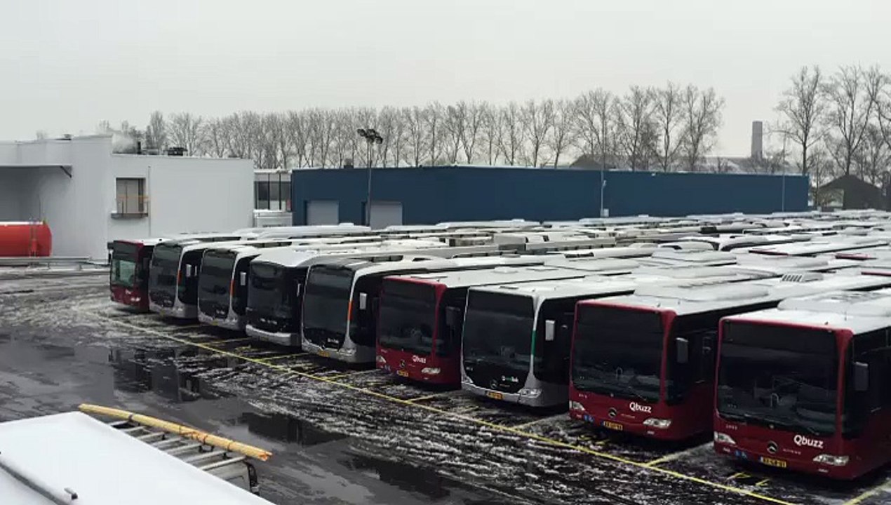 Zon 120 bussen van Qbuzz netjes geparkeerd in d...