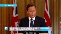 British PM Cameron to allow ministers to campaign for EU exit