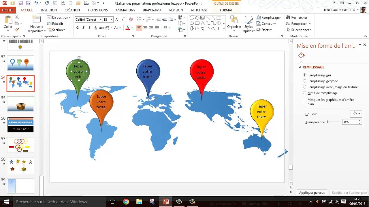 Powerpoint - Réaliser des pointeurs sur une carte géographique