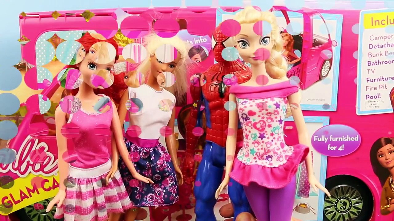 BARBIE GLAM CAMPER RV Toy Review with Frozen Disney Princess Elsa, Spiderman & Little Merm