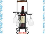 Wine Bottle and 4 Wine Glass Holder in a Black Metal with Wooden Handle