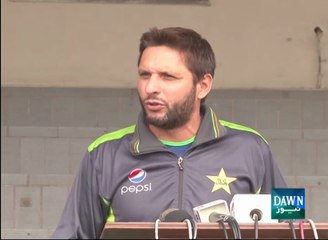 Shahid Afridi talks with media in Lahore