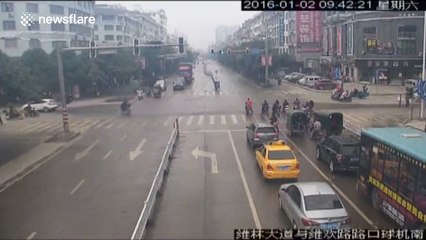 SUV crashes into four scooters after accelerating by mistake