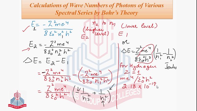 Calculation of Wave Numbers of Photons of Various Spectral Series by Bohr's Theory , Lyman Series & Balmer Series