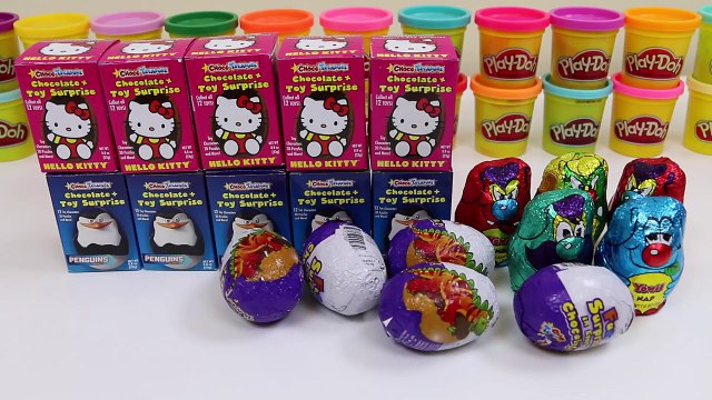 20 Hello Kitty Penguins of Madagascar Kinder Eggs Choco Treasure Surprise Toys Unwrapping!