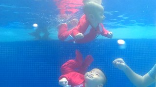 4 Month Old Twin Babies Practice Diving, Part 2
