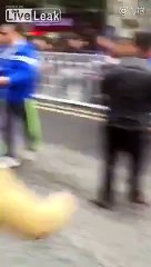 Car hits many people and flees