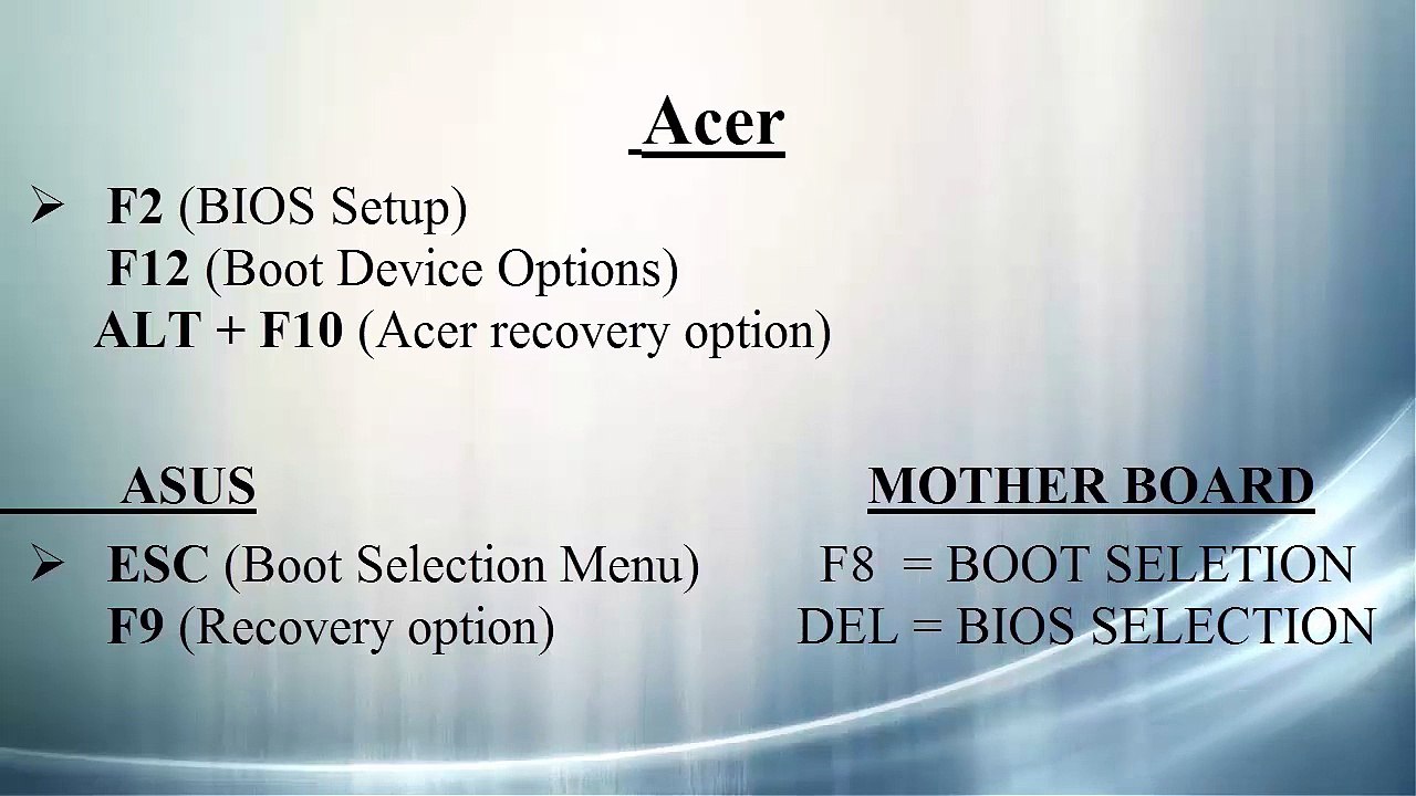 BIOS -  BOOT Menu For Laptop - Desktop - MAC
