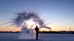 Hot water shower on freezing cold winter lake at Kuopio Finland