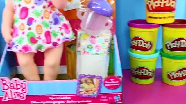 Baby Alive Sips n Cuddles Newborn Baby Doll Gets Play Doh Hair & Sticker Bottle DisneyCarToys
