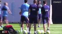 Neymar , Luis Suarez And Lionel Messi Having Fun In Barcelona Training 2015