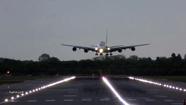 Airbus A380 crosswind landing at Gatwick airport Emirates airline Big Planes
