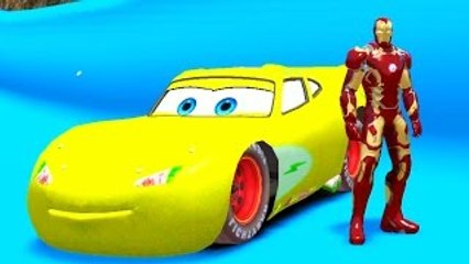 Yellow Disney Lightning McQueen at POOL with The Avengers Iron Man Parody with Nursery Rhy