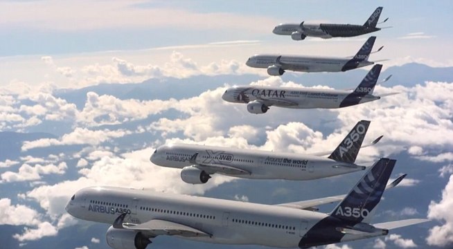 Five A350 planes together in flight