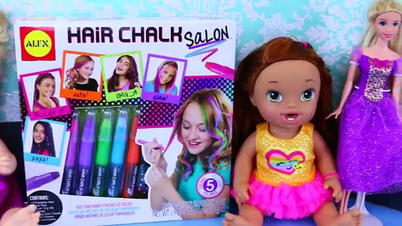 RAINBOW HAIR on Baby Alive Dolls, Barbie & Disney Princess Rapunzel Hair Chalk Salon Makeover