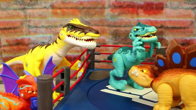 Jurassic World Dinosaur Wrestling Federation Raptor Fighting Stegosaurus and T-Rex