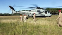 US Marines Fast Ropping From Heavy Transport Helicopter: CH 53E Super Stallion