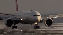 Crosswind Landings during a storm at Düsseldorf on an icy runway. Boeing 777, Airbus A340, A330 Big Planes