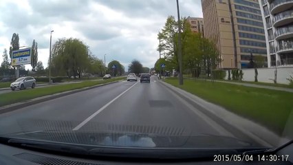 Driver blowing through pedestrian crosswalk receives instant karma
