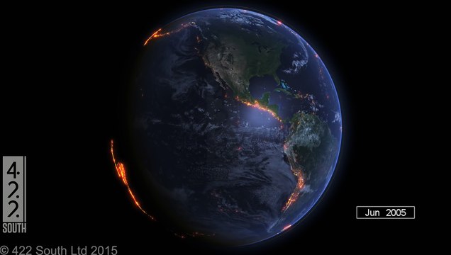 Tout les séismes sur terre entre 2000 et 2015 visualisés sur le globe