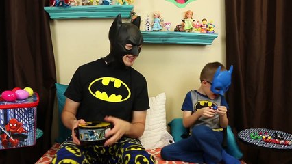 Batman and Little Batman Superheroes Guessing Game with Surprise Eggs and Spiderman Toy Box