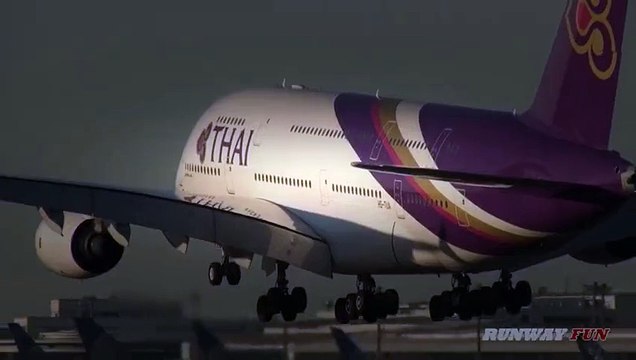 Crosswind landing!!! Thai Airways International HS-TUA Airbus A380-84 landing Narita Airport Video Arts