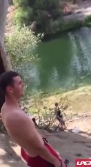 Girl in bikini fails hard at rope swinging