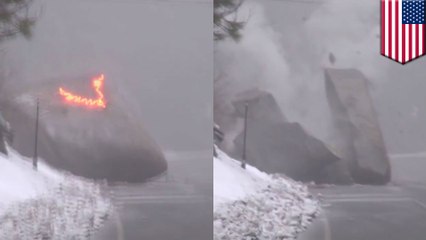 Dynamite vs. boulder: The explosive moment a 20-ton rock gets blown to smithereens