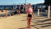 A woman performs a series of Backflip Burpees