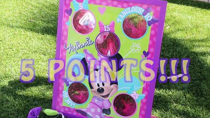 Surprise Toys Minnie Mouse Bean Bag Toss Challenge with Barbie, Disney Princess Toys, Part