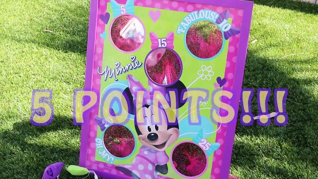 Surprise Toys Minnie Mouse Bean Bag Toss Challenge with Barbie, Disney Princess Toys, Part