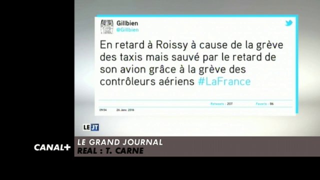 En retard à Roissy à cause de la grève des taxis mais sauvé par le retard de son avion grâce à la grève des contrôleurs aériens ‪#‎LaFrance‬ - Le Zapping - 27/01/15 - CANAL +