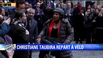Christiane Taubira quitte le ministère de la Justice à vélo après la passation de pouvoir