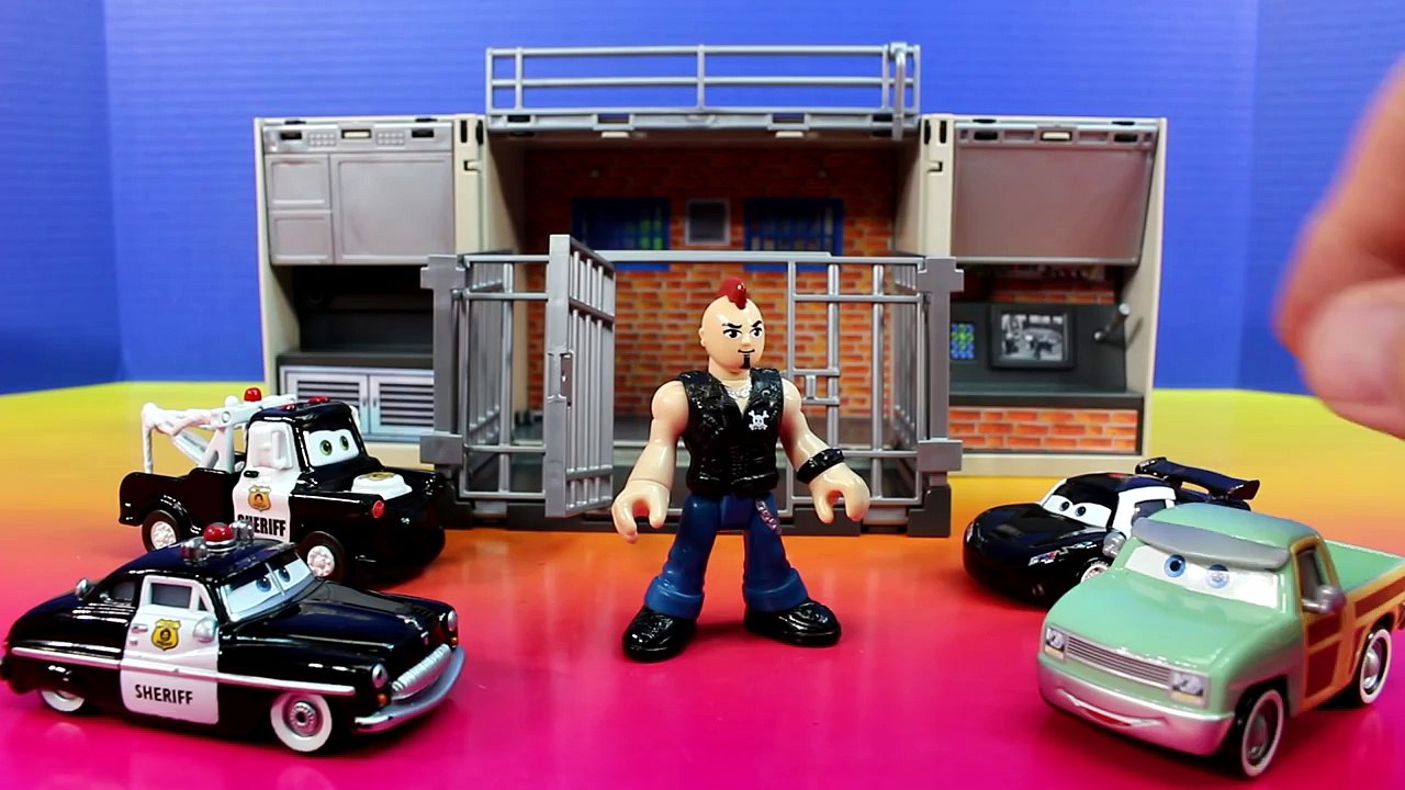 Disney Pixar Cars Sheriff Car Lightning McQueen Mater Go On Mission Bring Imaginext Biker To Jail