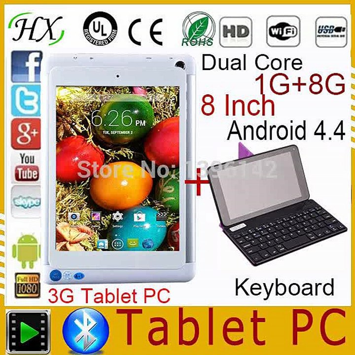 8 inch tablet pc Dual Core mtk8312 3G phone call 1G/8G 1024*768 bluetooth wifi Android 4.4 Dual camera+Rii i8 keyboard+DHL Ship-in Tablet PCs from Computer