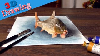 Drawing in 3D of realistic common carp/ dibujar bien paso a paso desenho