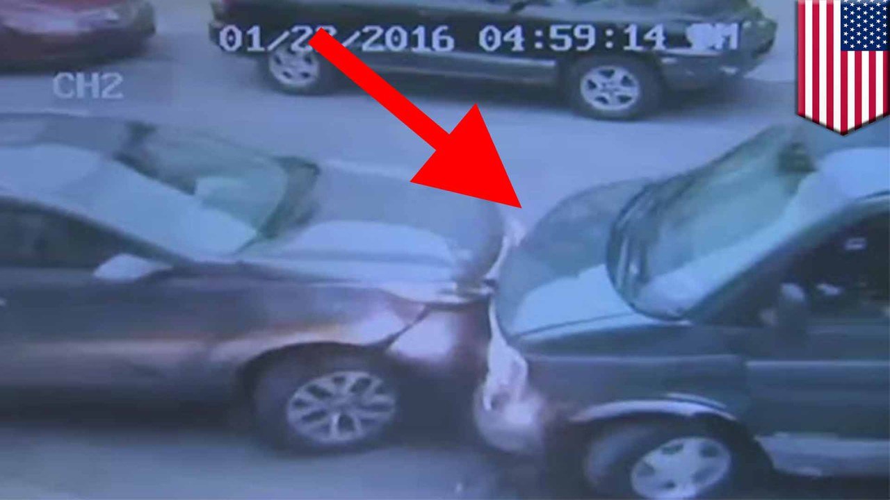 Surveillance video shows green van ramming the crap out of parked cars