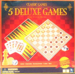 5 deluxe games,dice,cards,chess,backgammon,checkers