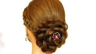 Updo for long hair. Hair made rose. Prom hairstyle