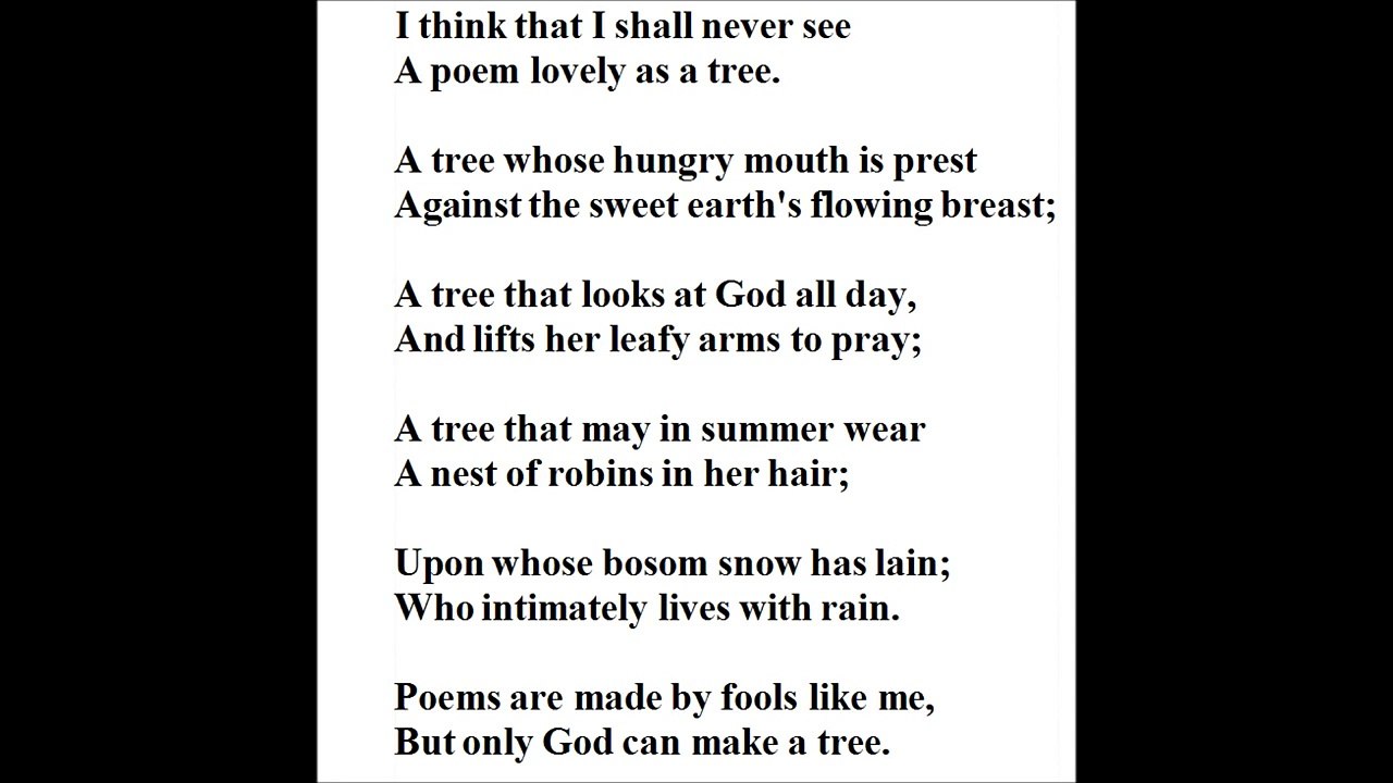 Trees Joyce Kilmer poem I think that I shall never see/A poem lovely as