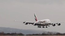 Emirates Airbus A380 turbulent touchdown as it struggles with crosswinds at Manchester Airport