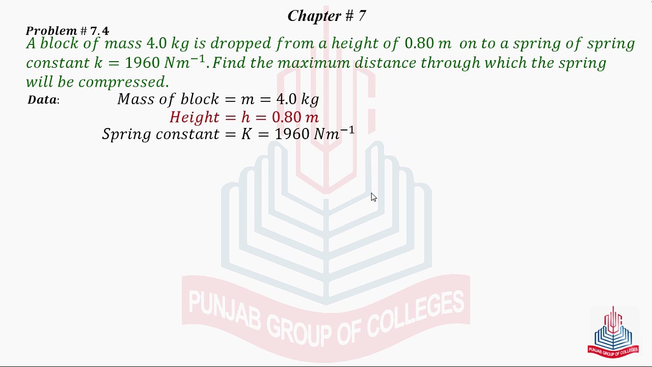 Problem No 7.4 : A block of mass 4 kg is dropped from a height of .......