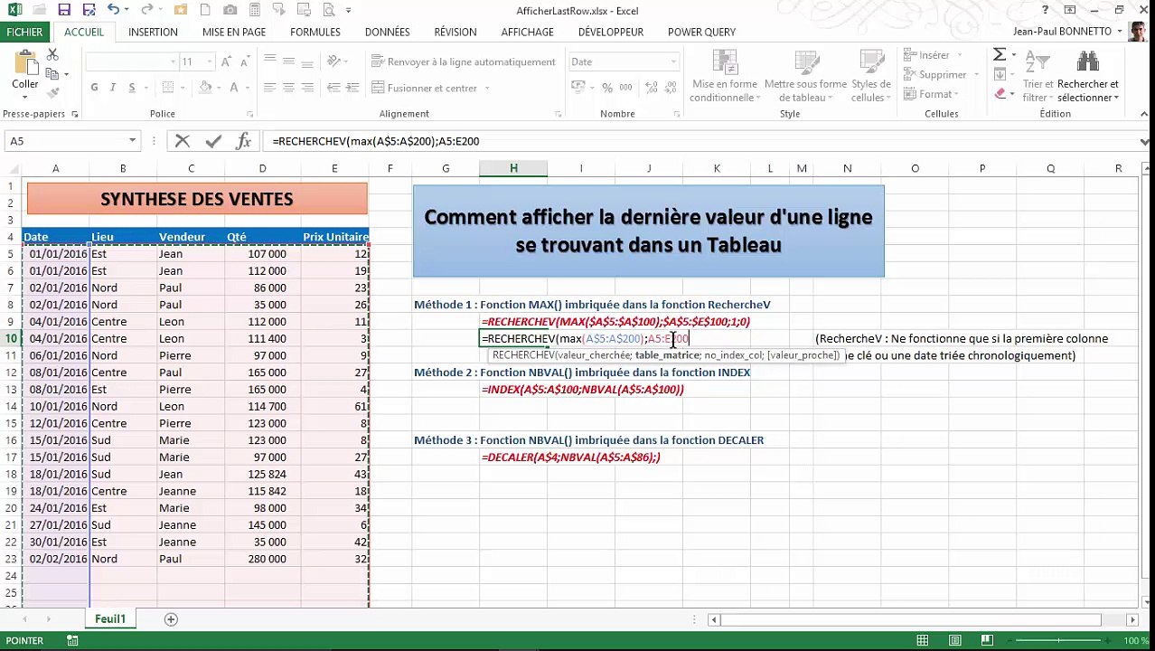 Excel - Comment afficher automatiquement la dernière valeur d'une liste