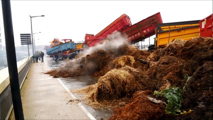 Les agriculteurs déversent du fumier sur le Pont de l'Entente Cordiale à Boulogne-sur-Mer