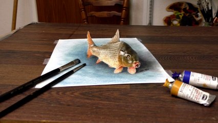 Drawing in 3D of realistic common carp/ dibujar bien paso a paso desenho